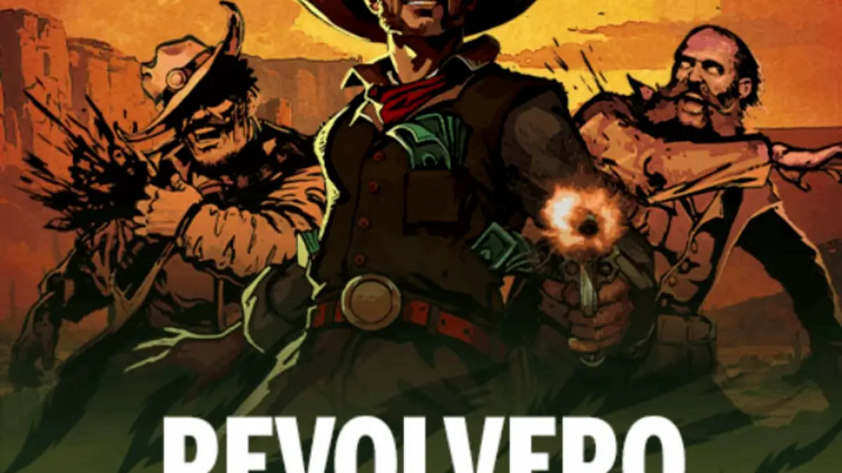 Tampilan visual slot Revolvero dengan latar belakang gurun yang gersang dan elemen koboi yang ikonik.