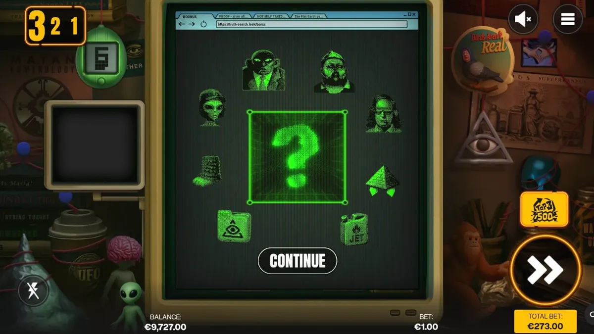 Tampilan layar permainan slot Truth dengan tema bunker konspirasi retro