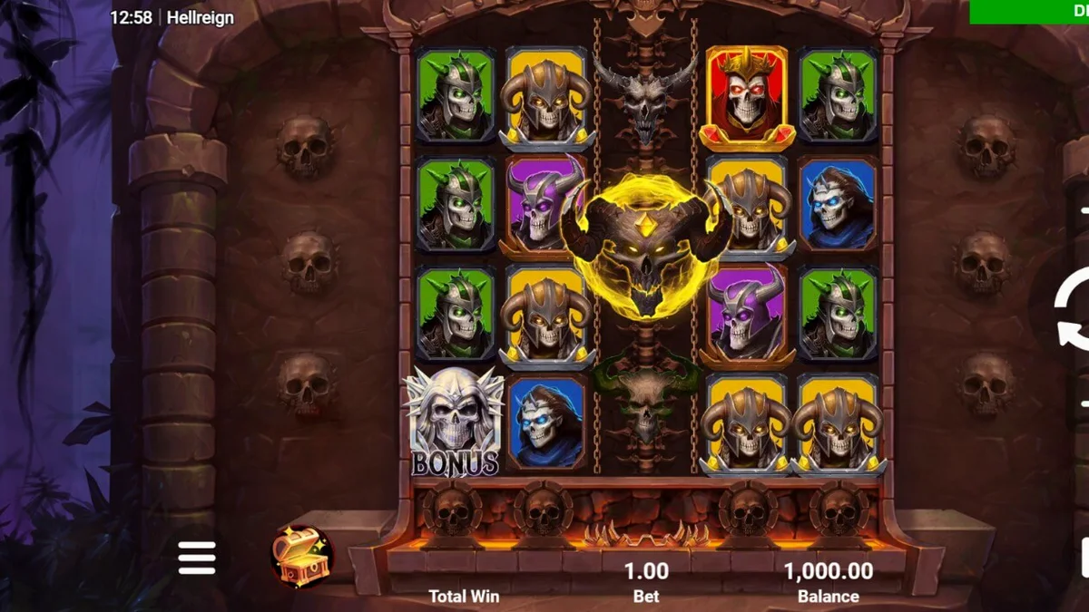 Tampilan visual slot Hellreign Scatter Magnet dengan tema neraka yang gelap dan mekanik Scatter Magnet.